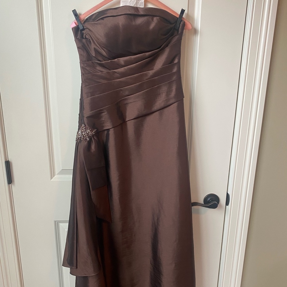 Brown strapless formal gown